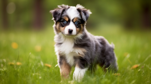 blue eyes Aussiechon puppy on grass